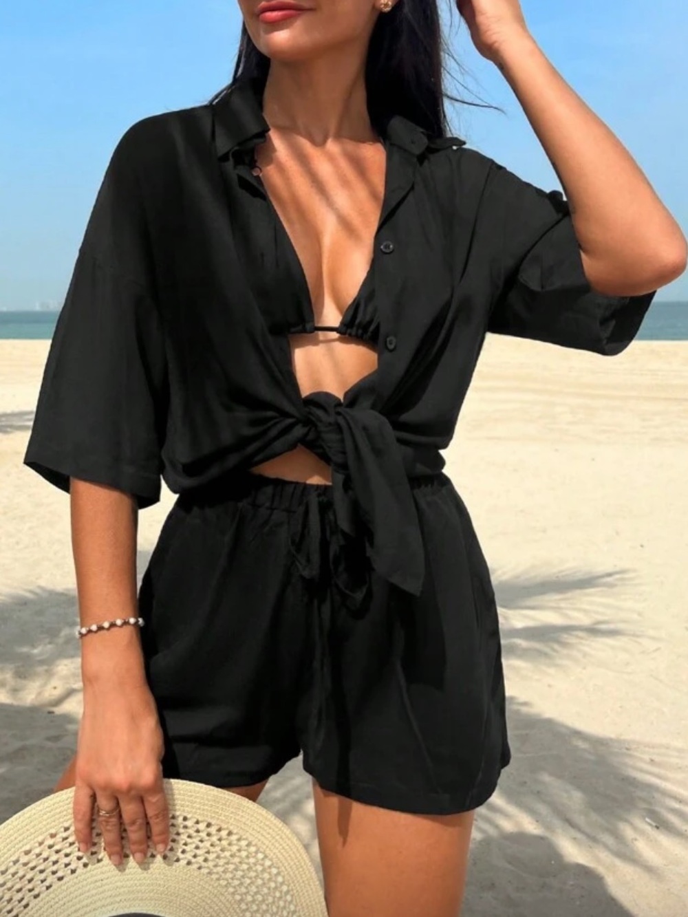 Women's Black Tie-Front Beach Cover-Up Set